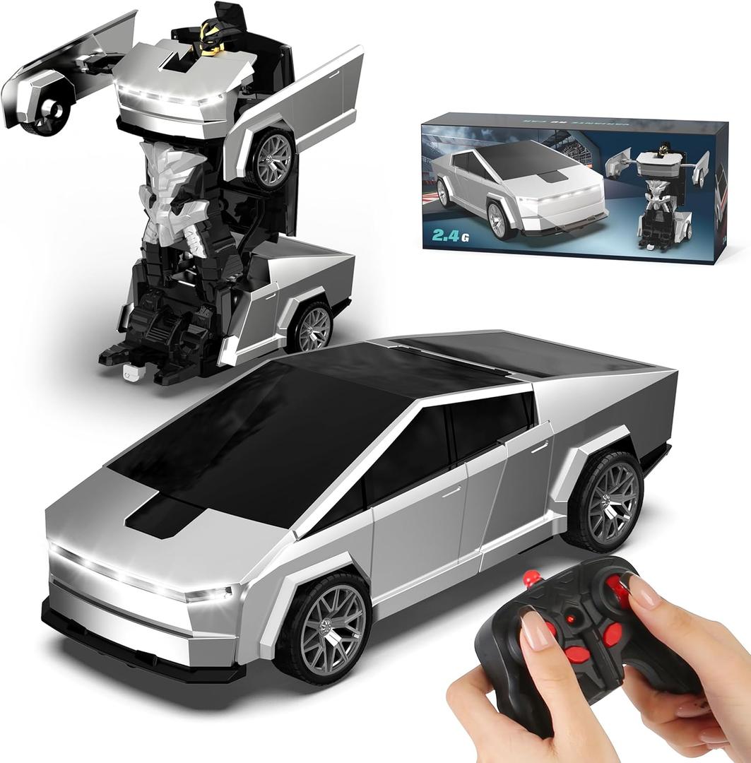 Transform RC Cyber Pickup Truck Cars Robot Toy for Kids, 2.4GHz Remote Control Car with One-Button Deformation 360 Rotation LED Lights Valentine's Day Birthday Gifts for Boys Age 4-7-8-12 (1:18 Scale)