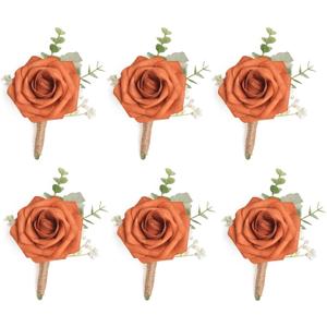 Burnt Orange Rose Boutonniere with Eucalyptus for Men, Set of 6, Wedding Flower Boutonnieres with Pins for Groom and Best Man Wedding Ceremony Anniversary, Homecoming Prom Party (6pcs Burnt Orange Boutonnieres)