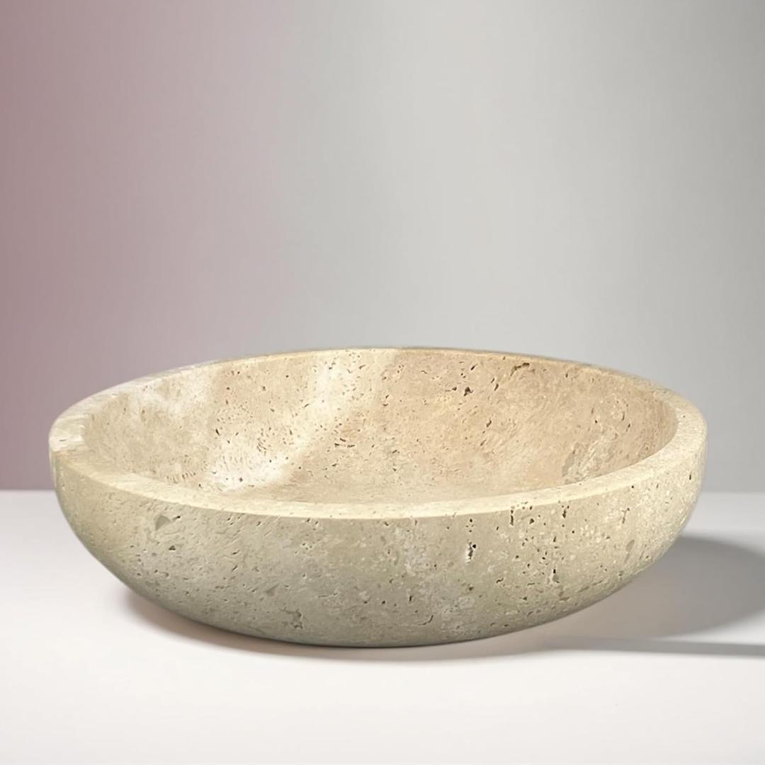 Travertine Decorative Bowls for Home Decor, Marble Fruit Bowl for Kitchen Counter, Keys Bowl for Entryway Table, Large Candy Serving Bowl for Table Centerpiece Office Modern Home Decor (Beige)