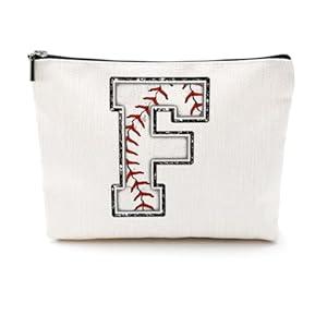 Initial Makeup Bag Monogrammed Cosmetic Bag Letter F Zipper Pouch Baseball Accessories for Girls Women Player Coach Friend Graduation Birthday Gifts