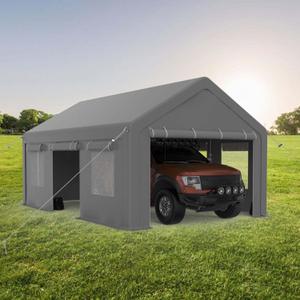 13x20FT Portable Garage, 13'x20' Carport Heavy Duty, Galvanized Frame & 180 g PE Waterproof Canopy, with 4 Doors (Included 2 Side Doors), and 4 Windows, for Pickup Truck, and Boat