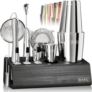 BARE BARREL Mixology Bartender Kit Bar Set | 14-Piece Cocktail Shaker Set | Martini Barware Mixing Tools for Home Bartending | Incl. 35 Recipe Cards | Gift Set (28oz Boston Shaker, Silver/Black)