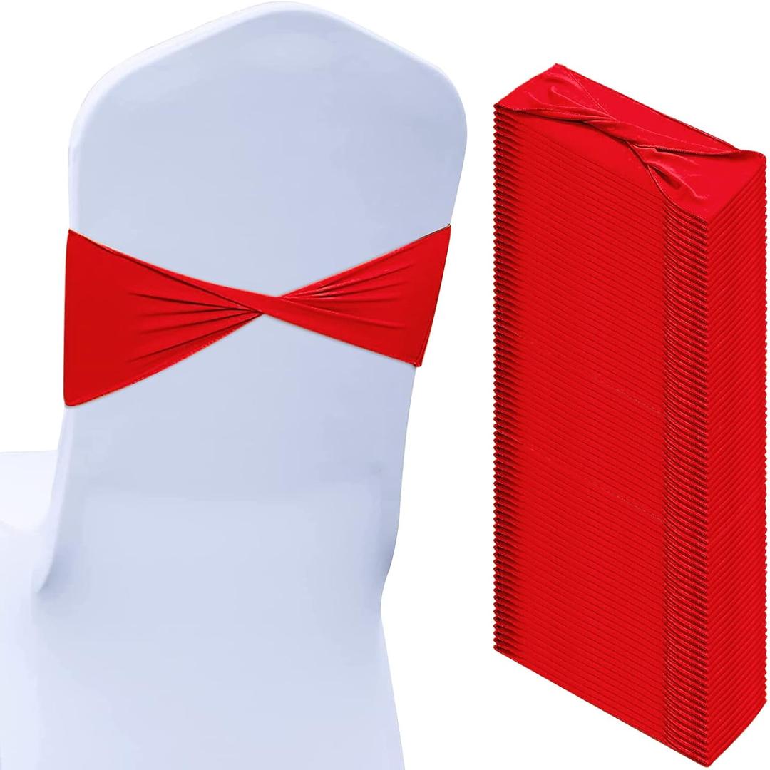 Kinlop 50 Pcs Spandex Chair Sashes Bows Chair Bands Slider Sashes for Covers Elastic Bands Ties Without Buckle Decorations for Wedding Party Events Ceremony Birthday (Red)
