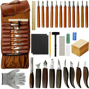 44 Pcs Wood Carving Tools Kit with Leather Case Complete Whittling Set Includes Knives Chisels Gloves Sharpening Stone for Beginners DIY Enthusiasts