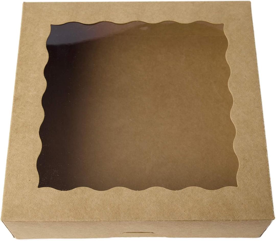 ONE MORE [15pcs] 12inch Kraft Bakery Boxes, 12x12x2.5inch Large Pie Boxes with PVC Window Natural Disposable Box for Cookie,Pack of 15 (Brown, 15)