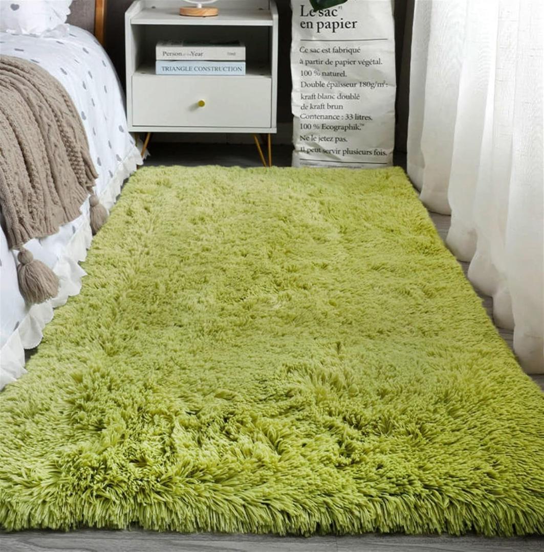 Fluffy Shaggy Area Rugs for Bedroom, Soft Non-Slip Plush Carpet Feet Floor Mats Rectangular Cozy Rug for Nursery Room Living Room Green, 2 ft x 6 ft