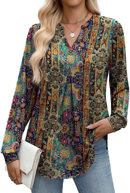 Misakia Womens Long Sleeve Shirts Fall Tops V Neck Tunic Casual Blouses (S)