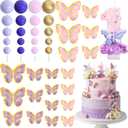 Lyrow 41 Pcs Purple Butterfly Birthday Cake Topper 1st Cake Decor Include Number 1 Candle 3D Purple Pink Butterflies Balls for Birthday Wedding Anniversary Themed Party Supplies