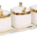 Fvstar Sugar Bowl with Lid and Spoon, Ceramic Salt Containers for Countertop, Salt and Sugar Container Sets, White Seasoning Bowls, Gold Condiment Containers for Kitchen Coffee Bar