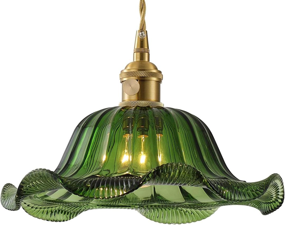 Vintage Glass Pendant LightGreen Flower Ceiling Pendant LightGold Adjustable Hanging Wire for Kitchen Island Dining Room Bedroom Hallway (10Inch - Green(A))
