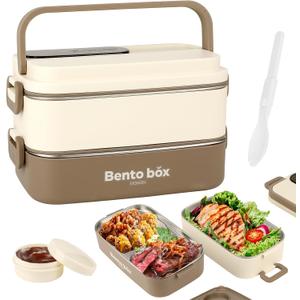 Suteng Double-Layer Bento Box Adult All-in-One Design | 1.4L Stainless Steel Lunch Containers for Adults | Leakproof Microwave-Safe Food Container with Cutlery(Spoon) & Hidden Handle | Brown