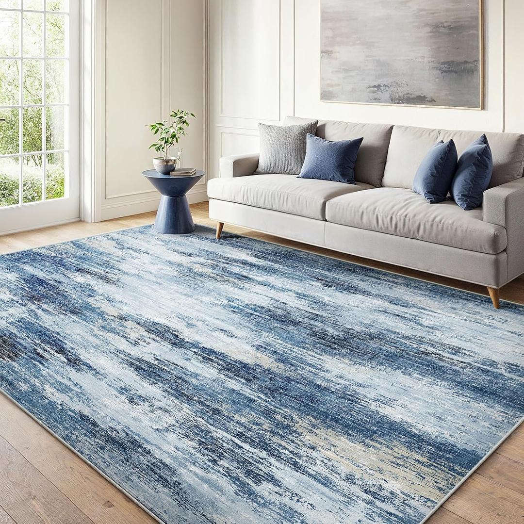 6x9 Area Rugs for Living Room, Modern Abstract Washable Rug with Non-Slip Backing & Low Pile Indoor Carpet for Nursery Room, Bedroom and Dinning Room, Blue