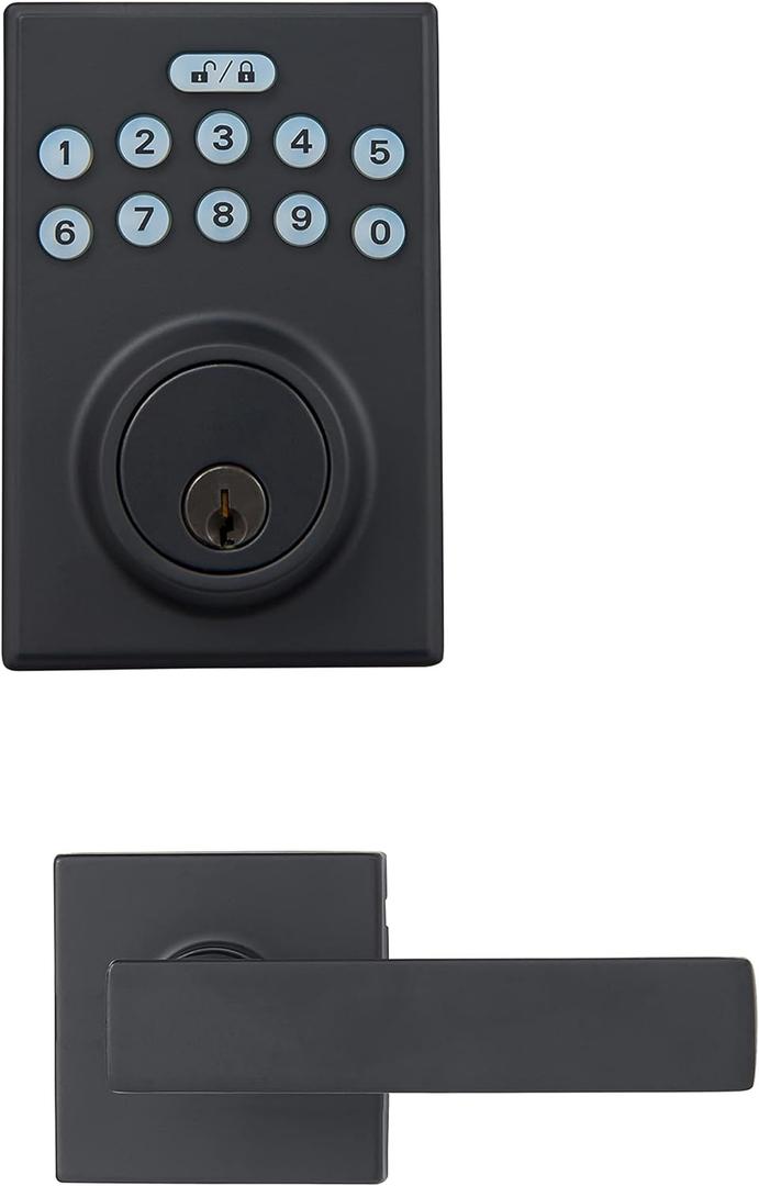 Amazon Basics Contemporary Electronic Keypad Door Lock, Keyless Entry Deadbolt with Handle Set, Easy Installation, Matte Black