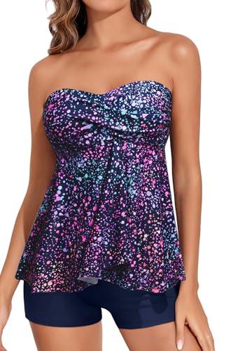 Women Starry Sky Strapless Tankini Swimsuits - 2 Piece Halter Bathing Suit Bandeau Flyaway Top with High Waist Swim Shorts L