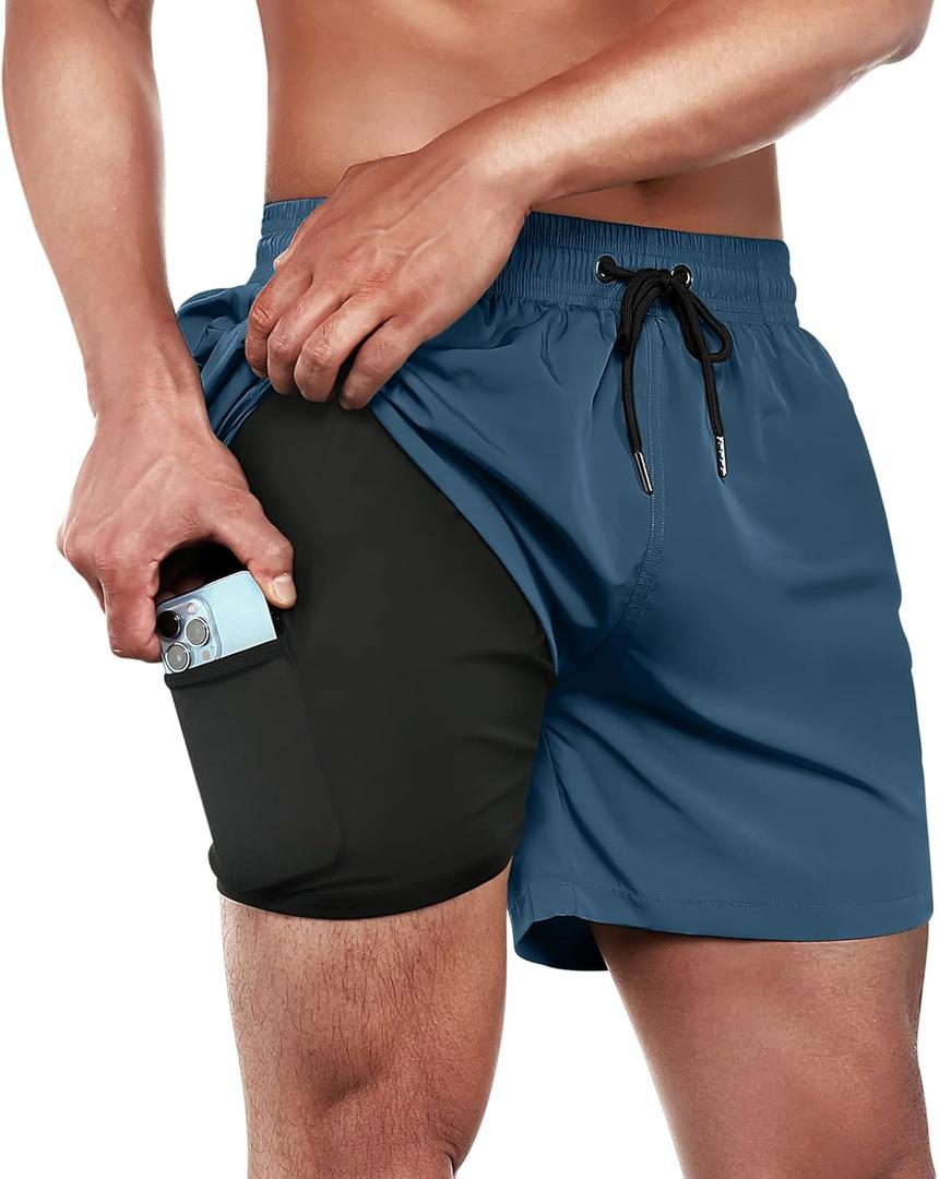 BRISIRA Mens Swim Trunks Swim Shorts Quick Dry 5 inch Inseam Beach Shorts with Compression Liner and Zipper Pocket (34, Copenblue)