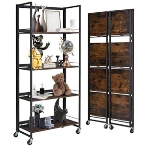 BIBKOK No-Assembly Folding Bookshelf Storage Rack Shelves with Castors 4 Tiers Vintage Bookcase Standing Racks Multifunctional Plant Flower Stand Study Organizer for Home Office (Wood, Rustic Black)