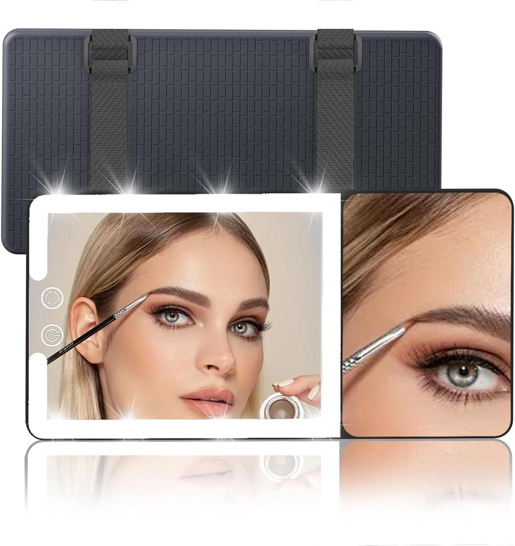 Junyaoxuan Car Sun Visor Vanity Mirror with Lights, Side with 6 inch 20X Magnifying Mirror, Rechargeable Car Makeup Mirror with 3 Light Modes, Dimmable Touch Led Screen, Black