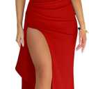 Memoriesea Women's Sexy Plunge Neckline Bodycon Ruched High Slit Party Maxi Dress (Red, XL)