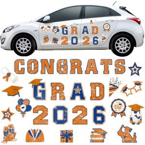 Landhoow 30 Pcs Graduation Car Magnets 2026 Senior Graduation Car Decoration Bumper Sticker Congrats Grad Magnet Magnetic Refrigerator Decal for Grad Parade Party Supplies(Orange, Blue)