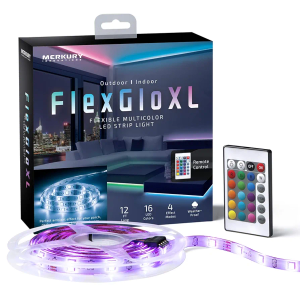 Merkury Innovations FlexGlo Flexible Multi-Colored LED Light Strips, RGBW LED Party Lights with Adhesive Backing and Remote Control. Outdoor and Indoor Strip Lights with Adhesive Tape, 12 ft