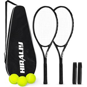 HIRALIY 27" Tennis Rackets Set for Adults, 2 Player Pre-Strung Tennis Racquets, 2 Overgrip Tapes,3 Balls, and 4 Carrying Bag, Outdoor Recreational Sport for Beginner, Men, Women (Black)