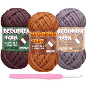 3 Pack Beginners Crochet Kit - Chocolate Brown, Grey, Caramel Yarn for Crocheting & Knitting, Easy-to-See Stitches, Chunky Thick Bulky Cotton Soft Yarn (3x50g)
