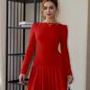 Women's Long Sleeve Mini Dress Sexy Boat Neck Pleated A-line Party Dresses (Red, L)