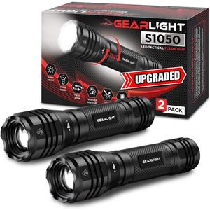 GearLight S1050 LED Flashlight High Lumens - Flashlights for Camping, Hiking, Dog Walking - Powerful Emergency Flashlights with 3 Modes for Outdoor Use - Bright Flashlight with Zoomable Beam (2 Pack, (Batteries Not Included))