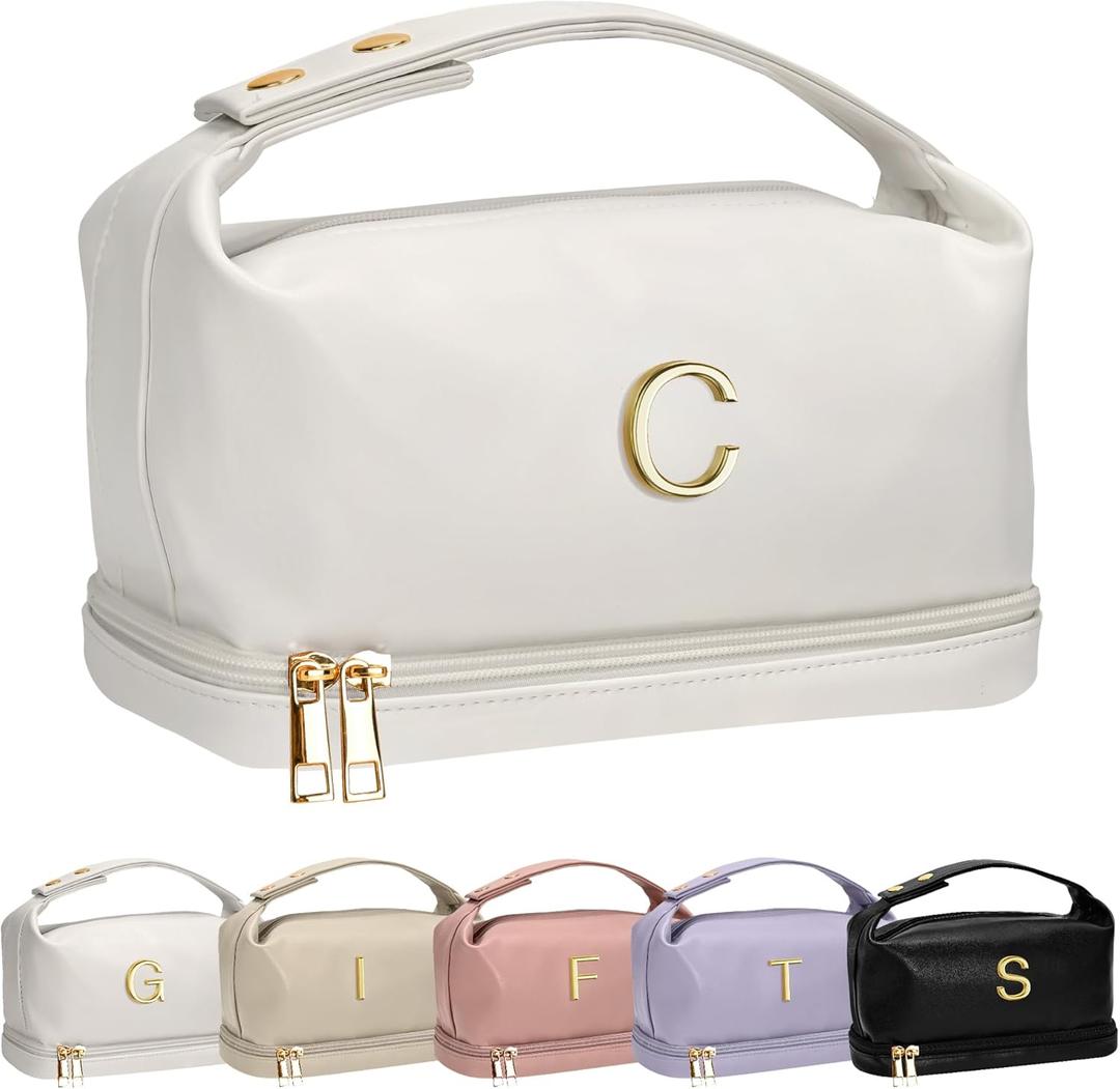 Gifts for Mom, Letter Makeup Bag, Personalized Double Layer Cosmetic Bag with Makeup Brush Organizer, Birthday Gifts for 5 6 7 8 9 10 11 12 Year Old Girls-Graduation Gifts for Her (White)