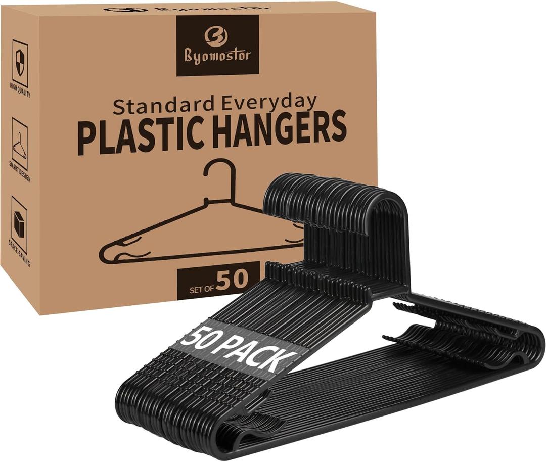 Byomostor Black Plastic Hangers 50 Pack, Light Weight Durable Clothes Hangers G-Shape Standard Size Non-Slip Coat Hanger Adult Clothes Hangers for Laundry & Everyday Use -Slim & Space Saving, 16" X 8.1 Inches