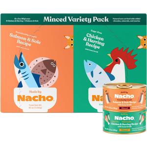 Made by Nacho Premium Minced Wet Canned Cat Food with Hydrating Bone Broth 3.0oz (Variety Pack (12 Count) - Chicken and Herring, Salmon and Sole),Best By Nov 11/27