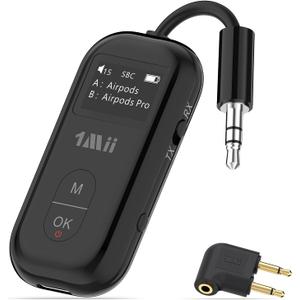 1Mii SafeFly Pro Bluetooth 5.3 Transmitter Receiver, Wireless Audio Adapter w/Screen for 2 Bluetooth Headphones, AptX LL/HD/AD, Use with Any 3.5MM Jack on Airplane, TV & iPad/Tablet (Black)