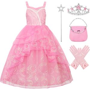 Good Witch Costume Girls Glinda Costume Dress Kids Wicked Cosplay Dress Up Outfits for Birthday Halloween (7-8 Years, Pink)
