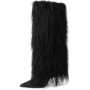 Womens Furry Boots Knee High Fold Over Tall Boot Wide Calf Pointed Toe Stiletto High Heel Fall Winter Boots for Women (8.5, Black)