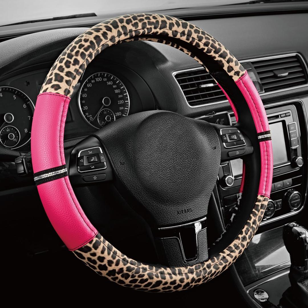Road Comforts Leopard Steering Wheel Cover - Made with PVC Leather Cheetah Print - Anti-Slip, Universal Fit 14 1/2 inches to 15 inches - Hot Pink