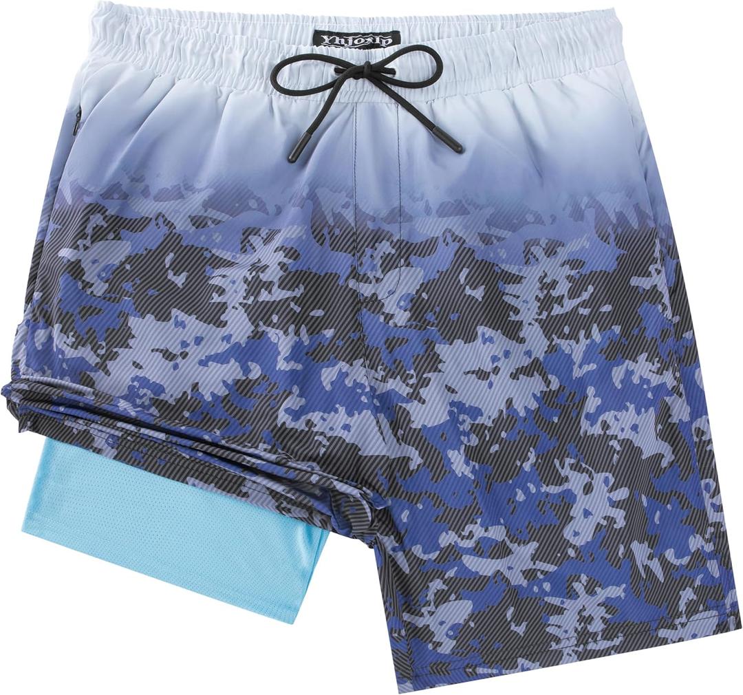 Men's Swim Trunks with Compresssion Liner 7" Swimwear Board Shorts 2-in-1 Bathing Suits with Zipper Pockets (Blue, XXL)