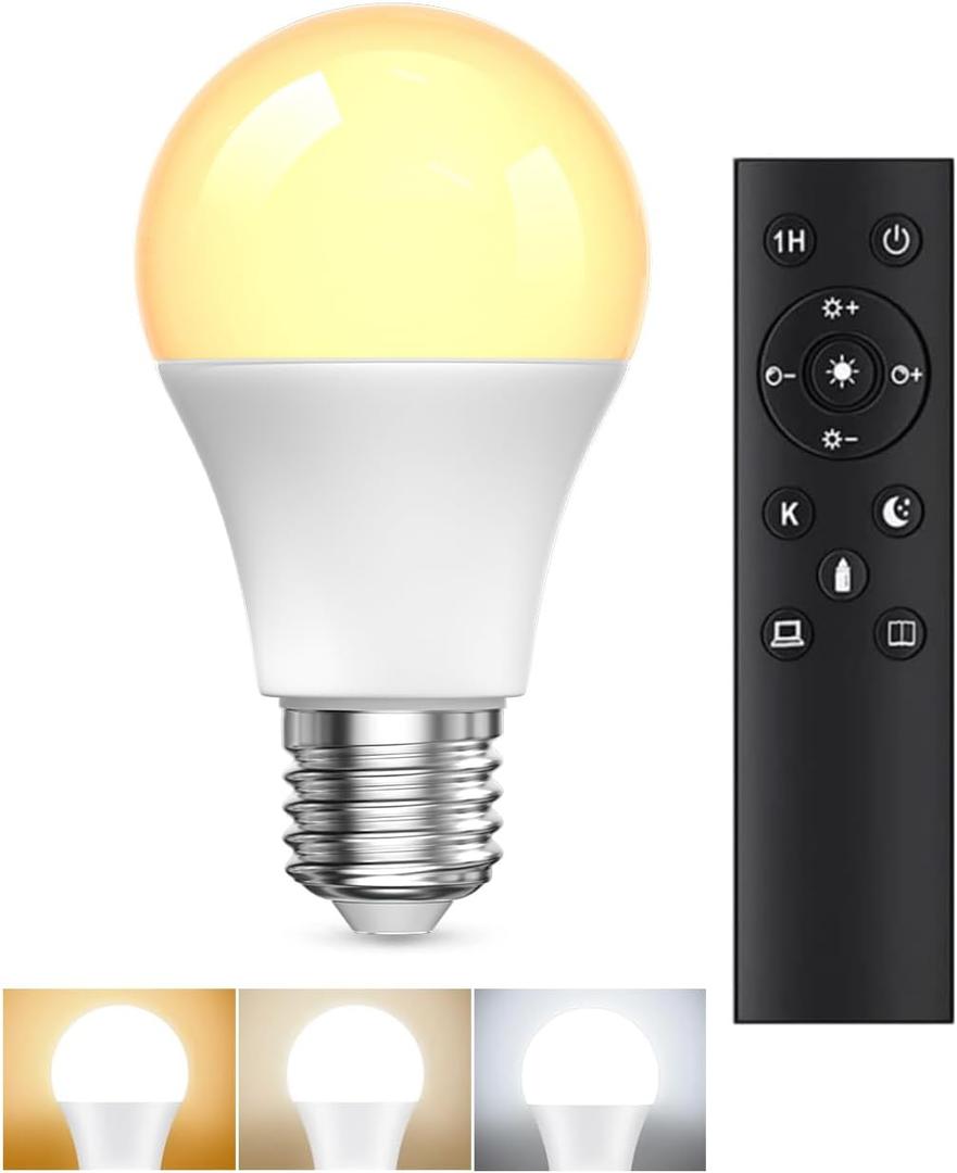 A19 LED Light Bulbs with Remote Control, 9W LED Bulbs 60W Equivalent, 3000K-6000K Stepless Dimmable, E26 Base, Remote Control Light Bulbs with Timing, Memory Function, for Home Decor, 1Bulb & 1Remote