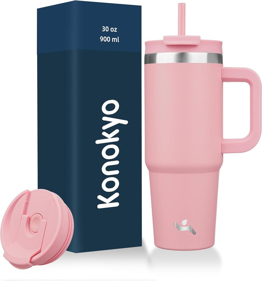 30 Oz Tumbler with Handle and 2 Straws, 2 in 1 Lid Insulated Water Bottle Stainless Steel Travel Coffee Mug, Pink