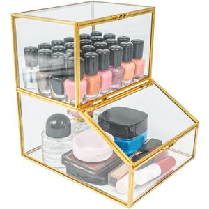 Gold Glass Makeup Organizer,2 Tier Bathroom Organizers and Storage Bin for Cosmetic Perfume Nail Polish,Clear Make Up Organizers for Vanity Bathroom Cabinet Kitchen Under Sink