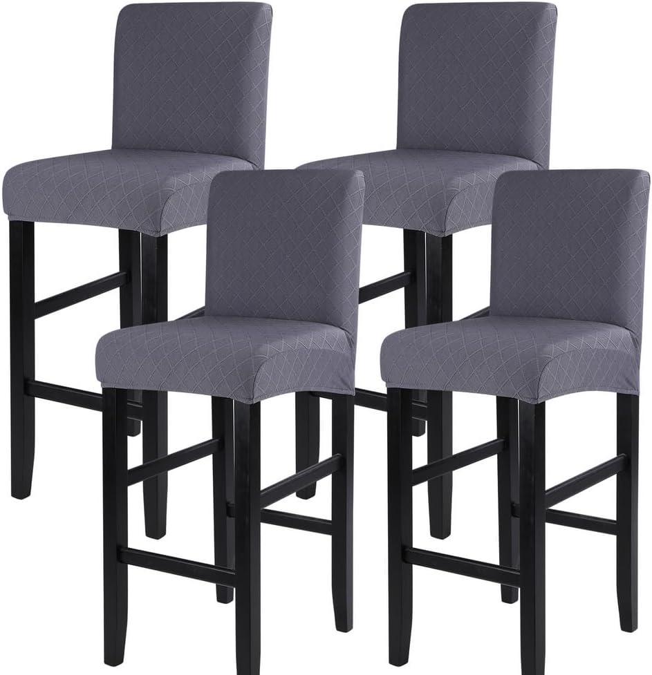 SearchI Jacquard Bar Stool Covers Set of 4, Stretch Washable Barstool Seat Covers, Counter Height Chair Covers for Kitchen Dining Room Cafe (Check Jaquard Grey)