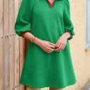 Wenrine Womens 3/4 Sleeve Mini Dress Casual V Neck Collared Textured Loose Fall A Line Argyle Dresses with Pockets (Green)