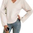 Yousify Womens V Neck Oversized Sweaters Long Sleeve Knit Pullover Trendy Casual Chunky Sweater (Beige, M)