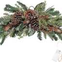 27 Inch Christmas Swag for Front Door, Xmas Christmas Mailbox Swag Decoration with Pinecone and Fern, Artificial Decorative Swag with Light Hanging Holiday Decor for Indoor Outdoor Window Wall (Bullhorn)