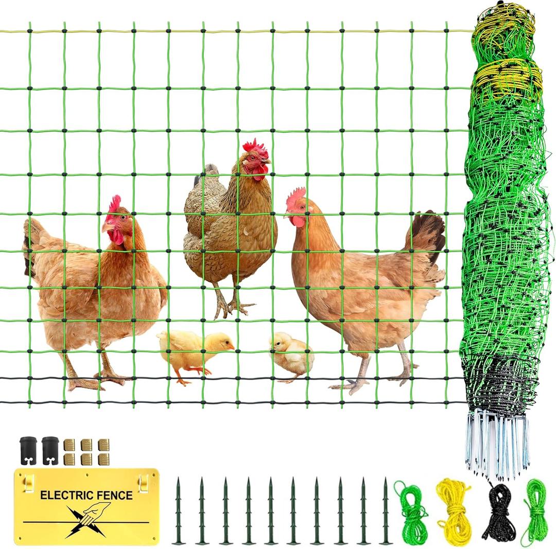 Poultry Netting Electric Fence, 49.6" H x 164' L, Portable Livestock Nets Mesh for Chickens, Ducks, Geese, Turkey, Electric Fencing for Backyards, Homesteaders, Farms, Ranches, Gardens (green)