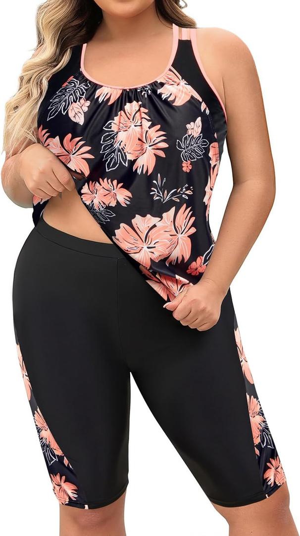 Daci Women Plus Size Tankini Swimsuit - Tummy Control 2 Piece Bathing Suit with High Waisted Capris Shorts 2025 Swimwear (Black)