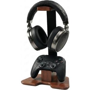 Gaming Headset and Controller Stand - Walnut Wood Headphone and Single Controller Stand, Wooden Headset Stand for Desk, Controller Holder for Xbox, PS5, Switch Pro, PC Gaming Accessories
