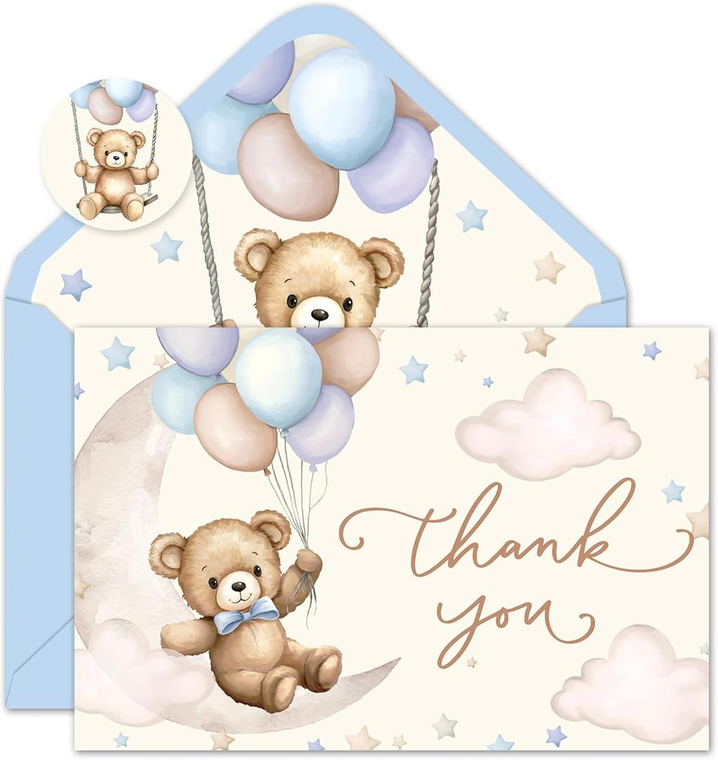 JarThenaAMCS 24Pcs Bear Thank You Cards Watercolor Bear Balloon Greeting Cards with Envelope Stickers Cartoon Star Moon Blank Note Cards for Birthday Wedding Baby Shower Party Supplies, 4 x 6 Inch