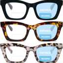 REAVEE 3 Pack Bifocal Reading Glasses for Women, Blue Light Blocking Stylish Thick Frame Readers Spring Hinges (Black/Leopard/Grey Leopard)