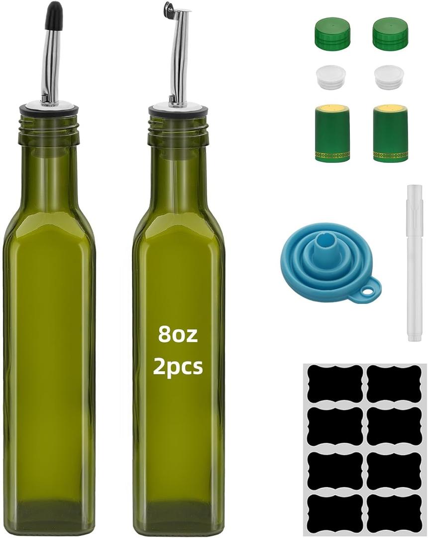 2Pcs Green 8 oz Olive Oil Dispenser Bottle,250 ml Glass Oil and Vinegar Dispenser Set with Pourers and Funnel Oil Bottles for Kitchen Large capacity oil bottles (2)