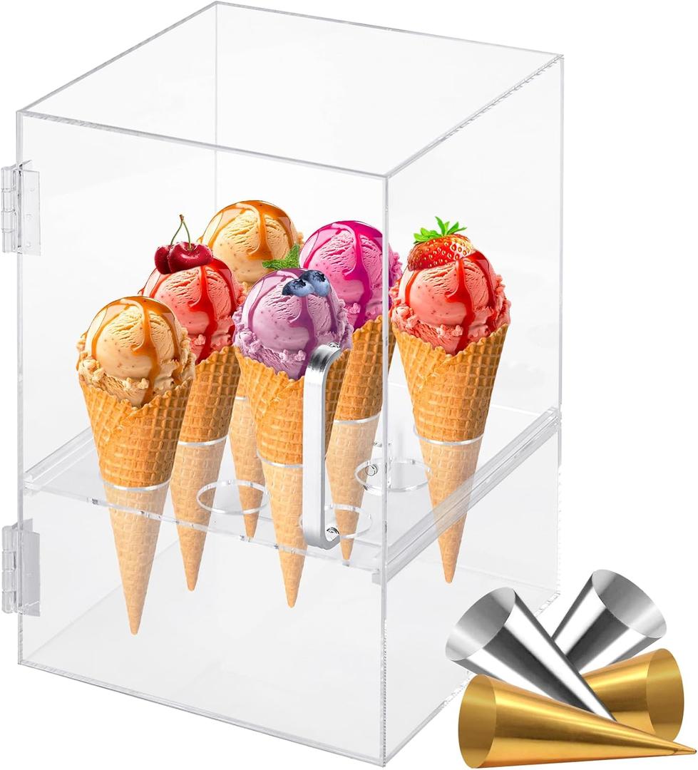 Acrylic Ice Cream Cone Holder 9 Holes Ice Cream Cones Cabinet with 10 Paper Cups, Ice Cream Cone Display Case for Waffle Cones Desserts Sushi Display